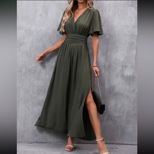 Boho butterfly sleeve ruched waist slit thigh maxi dress